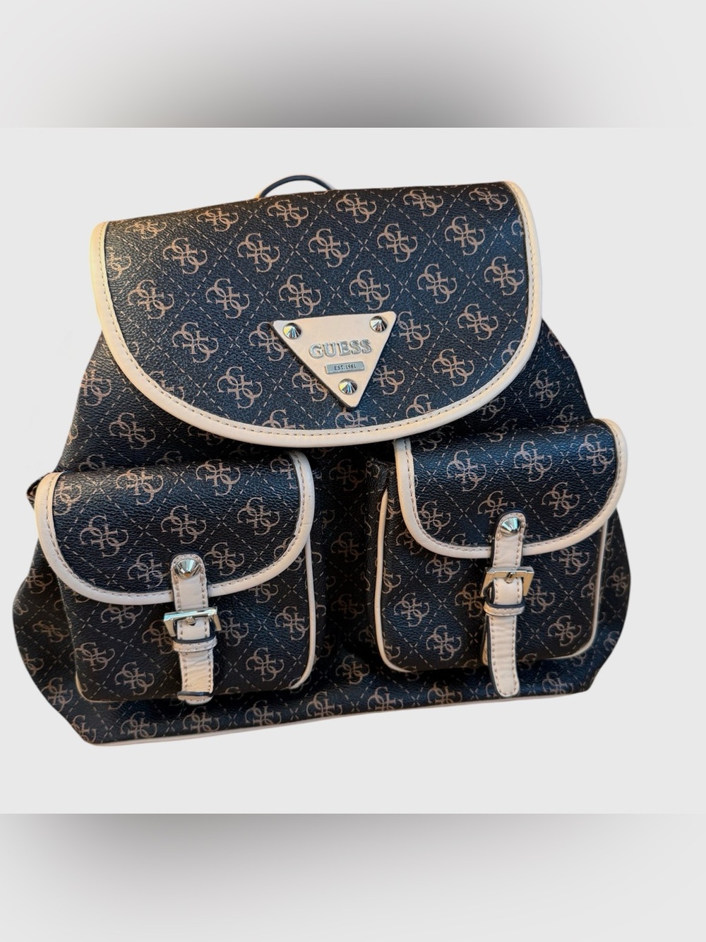 GUESS Logo Mini Backpack Brown Monogram Tan Trim Flap Drawstring